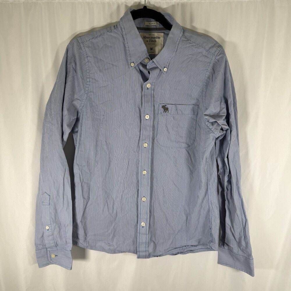 Abercrombie Fitch Shirt Men's Medium Blue Striped Muscle Button Up Long Sleeve